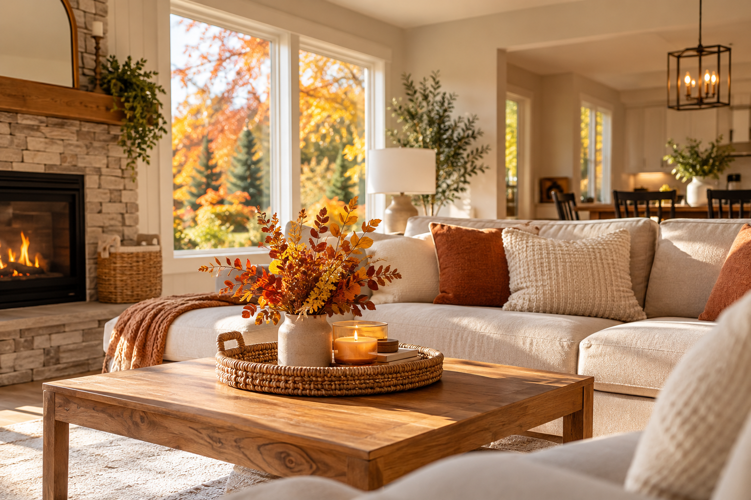 Cozy, spotless living room decorated for fall by 520 Cleaning Solutions in Bridgewater, MA.